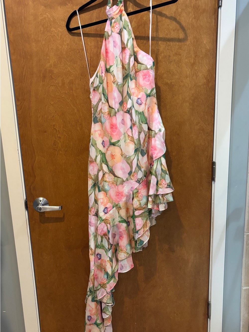 ASTR the Label Asymmetrical Floral Halter Ruffle Maxi Dress in Pink & Green